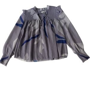 Wilfred Smocked Top Ruffle Picot‎ Hem Puff Sleeve Lavender Tie Neck Blouse M